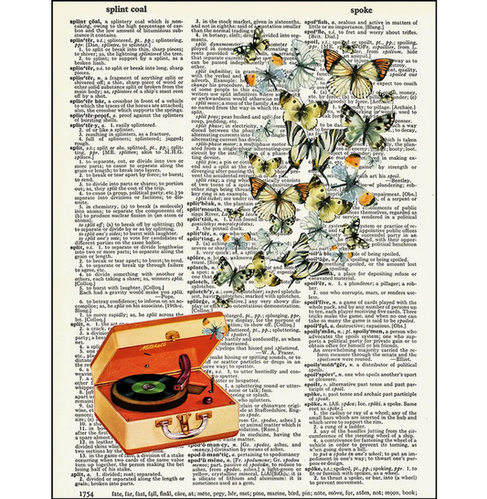 Retro Record Player Butterflies Dictionary Page Art Print - HalfMoonMusic