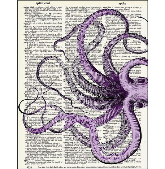 Purple Octopus Dictionary Page Art Print - HalfMoonMusic