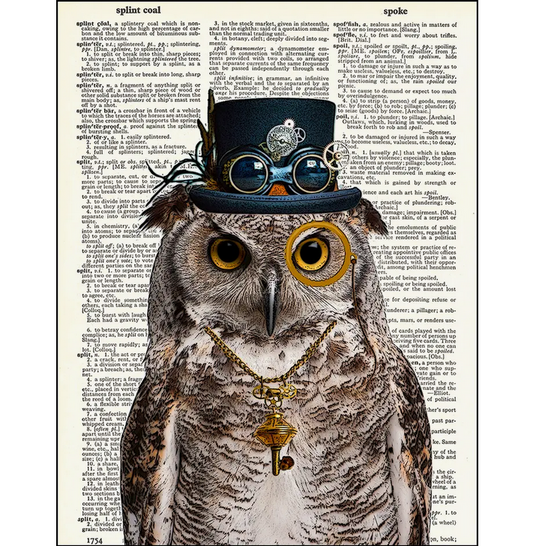 Steampunk Owl Dictionary Page Art Print - HalfMoonMusic
