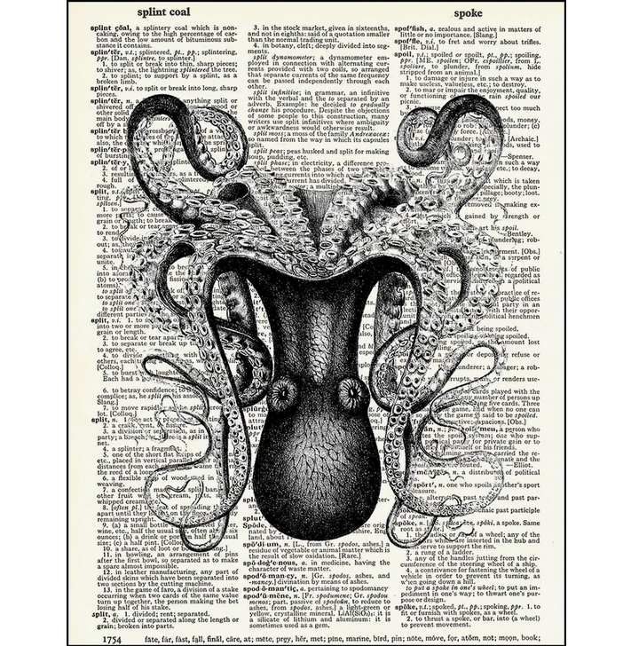 Upside Down Octopus Dictionary Page Art Print - HalfMoonMusic