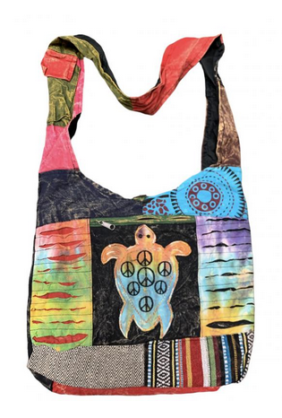 Cotton Patchwork Embroidered Peace Sign Turtle Bag - HalfMoonMusic