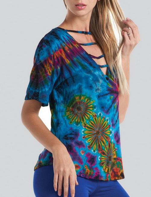 Women's Rayon Spandex Tie-Dye Front-Straps Cut T-Shirt - HalfMoonMusic