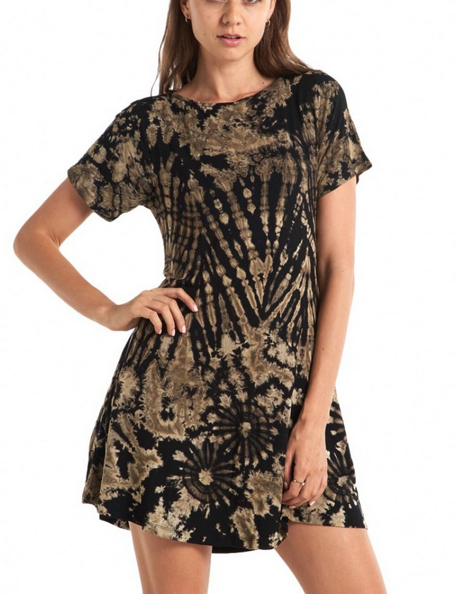Women's Rayon Spandex Tie-Dye Short Sleeve Lace-Back Dress - HalfMoonMusic