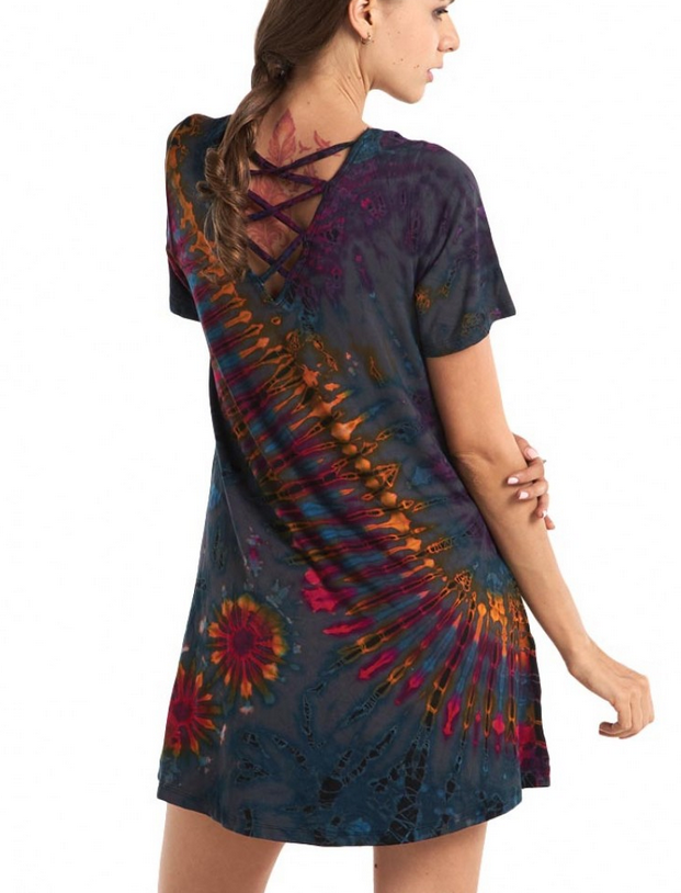 Women's Rayon Spandex Tie-Dye Short Sleeve Lace-Back Dress - HalfMoonMusic