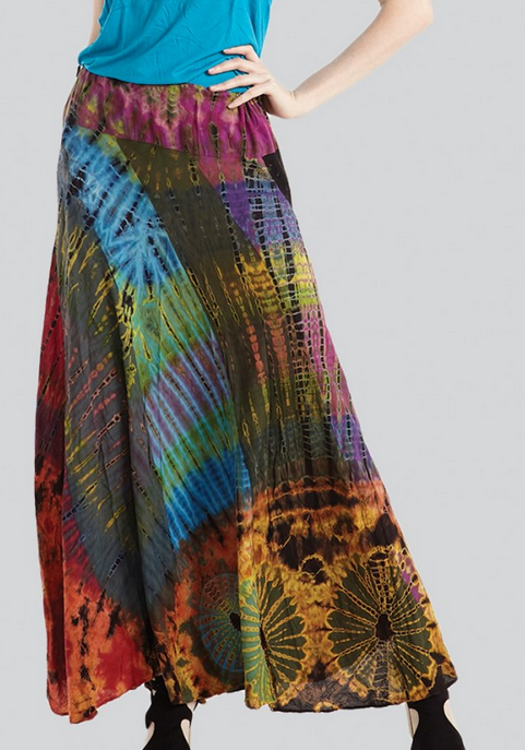 Women's Rayon Patchwork Tie-Dye Drawstring Long Skirt - HalfMoonMusic