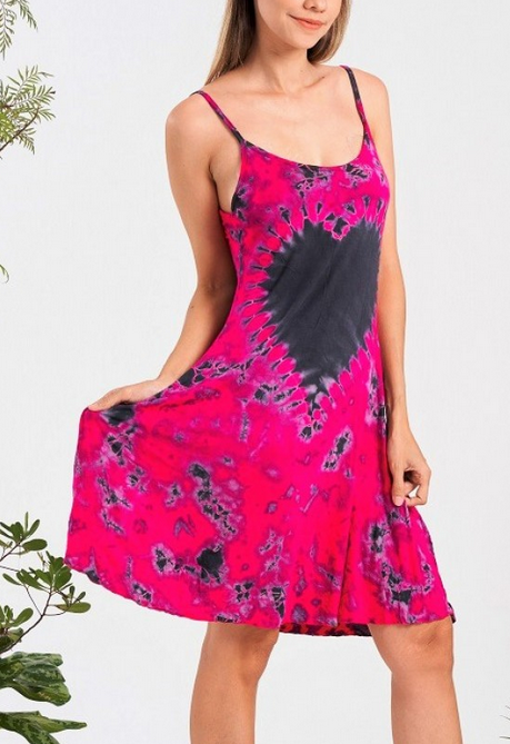 Women's Rayon Spandex Tie-Dye Sleeveless Love Heart Print Strap Dress - HalfMoonMusic
