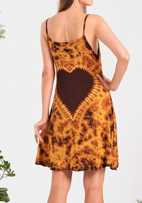 Women's Rayon Spandex Tie-Dye Sleeveless Love Heart Print Strap Dress - HalfMoonMusic