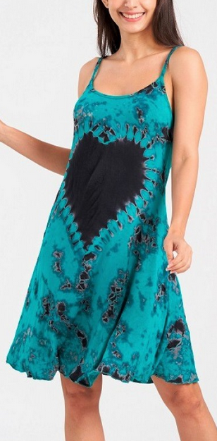 Women's Rayon Spandex Tie-Dye Sleeveless Love Heart Print Strap Dress - HalfMoonMusic