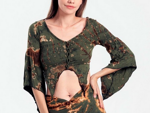 Women's Rayon Spandex Tie-Dye 3/4 Sleeves Fairy-Cut Crop Top - HalfMoonMusic