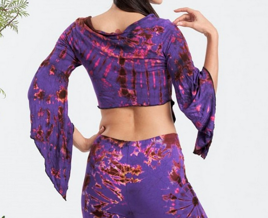 Women's Rayon Spandex Tie-Dye 3/4 Sleeves Fairy-Cut Crop Top - HalfMoonMusic