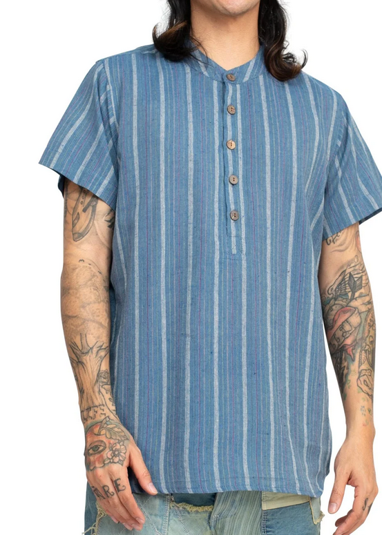 Men's Cotton Vintage Striped Short-Sleeved Kurta Shirt - HalfMoonMusic