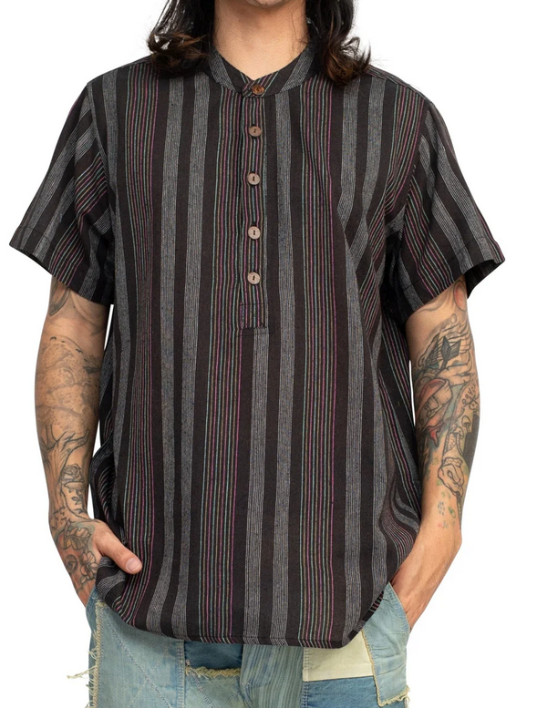 Men's Cotton Vintage Striped Short-Sleeved Kurta Shirt - HalfMoonMusic