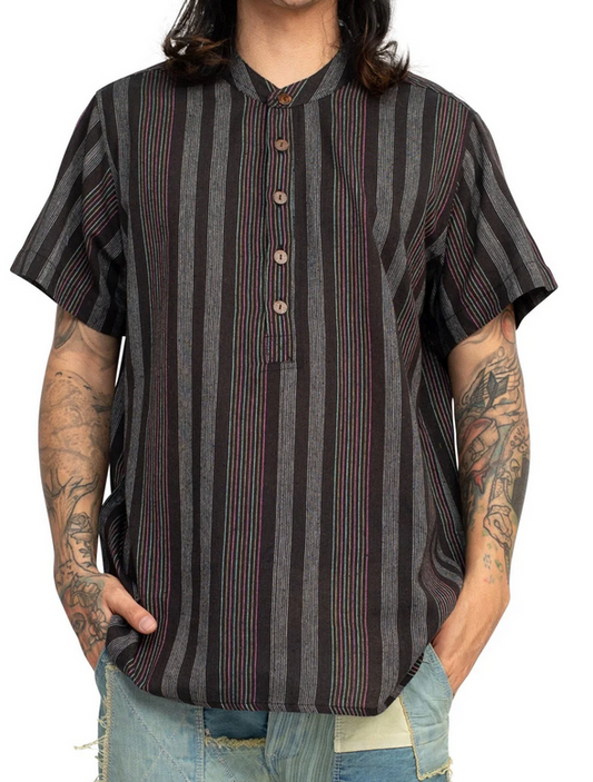 Men's Cotton Vintage Striped Short-Sleeved Kurta Shirt - HalfMoonMusic
