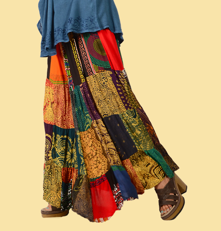 Womens Festive Patchwork Print Twirl Skirt - HalfMoonMusic