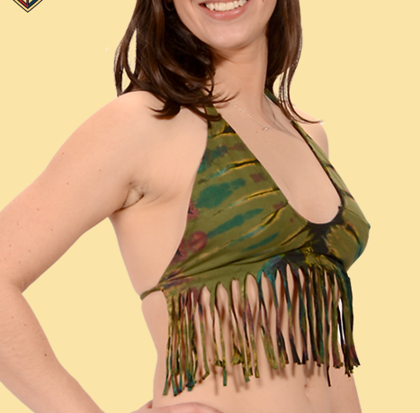 Womens Spandex Blend Electric Lady Tie-Dye Fringed Halter Top - HalfMoonMusic