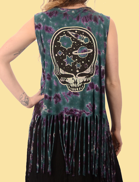 Womens Grateful Dead Stealie The Night Away Tie-Dye Fringe Vest - HalfMoonMusic
