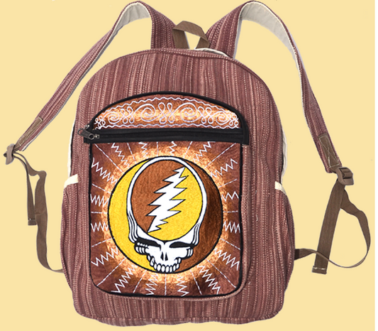Hand Embroidered Golden Steal Your Face Backpack - HalfMoonMusic