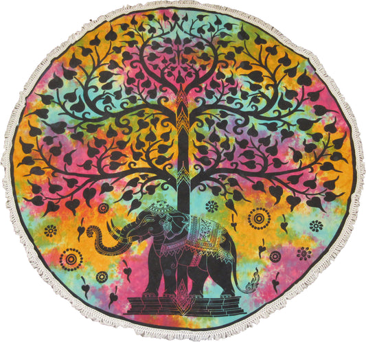 Round Elephant Tree Of Life Tapestry - HalfMoonMusic