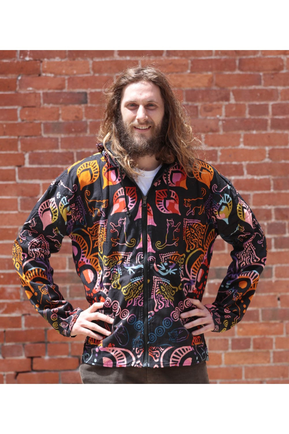 Mens Fleece Zip Up Colorful Cat Mandala Hoodie - HalfMoonMusic