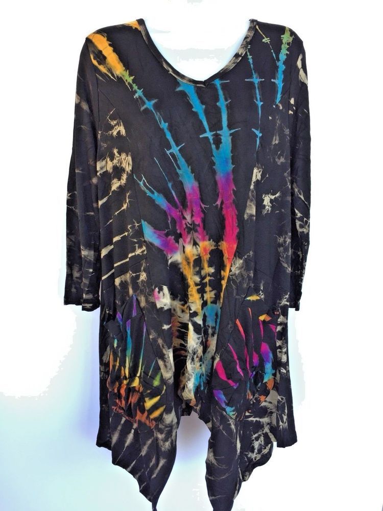 Womens Long Sleeve Tie Dye Tunic With Pockets - HalfMoonMusic