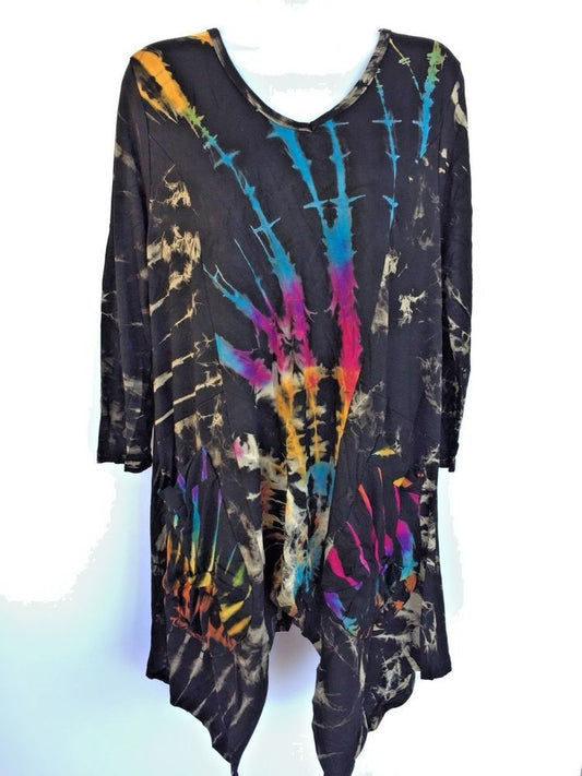 Womens Long Sleeve Tie Dye Tunic With Pockets - HalfMoonMusic
