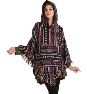 Hooded  Tribal Stripe Poncho with Fringe - HalfMoonMusic