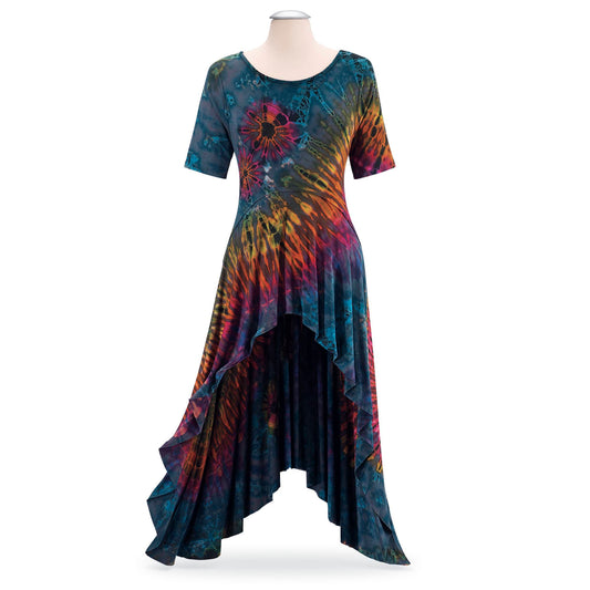 Womens Tie Dye High Low Cap Sleeve Dress - HalfMoonMusic