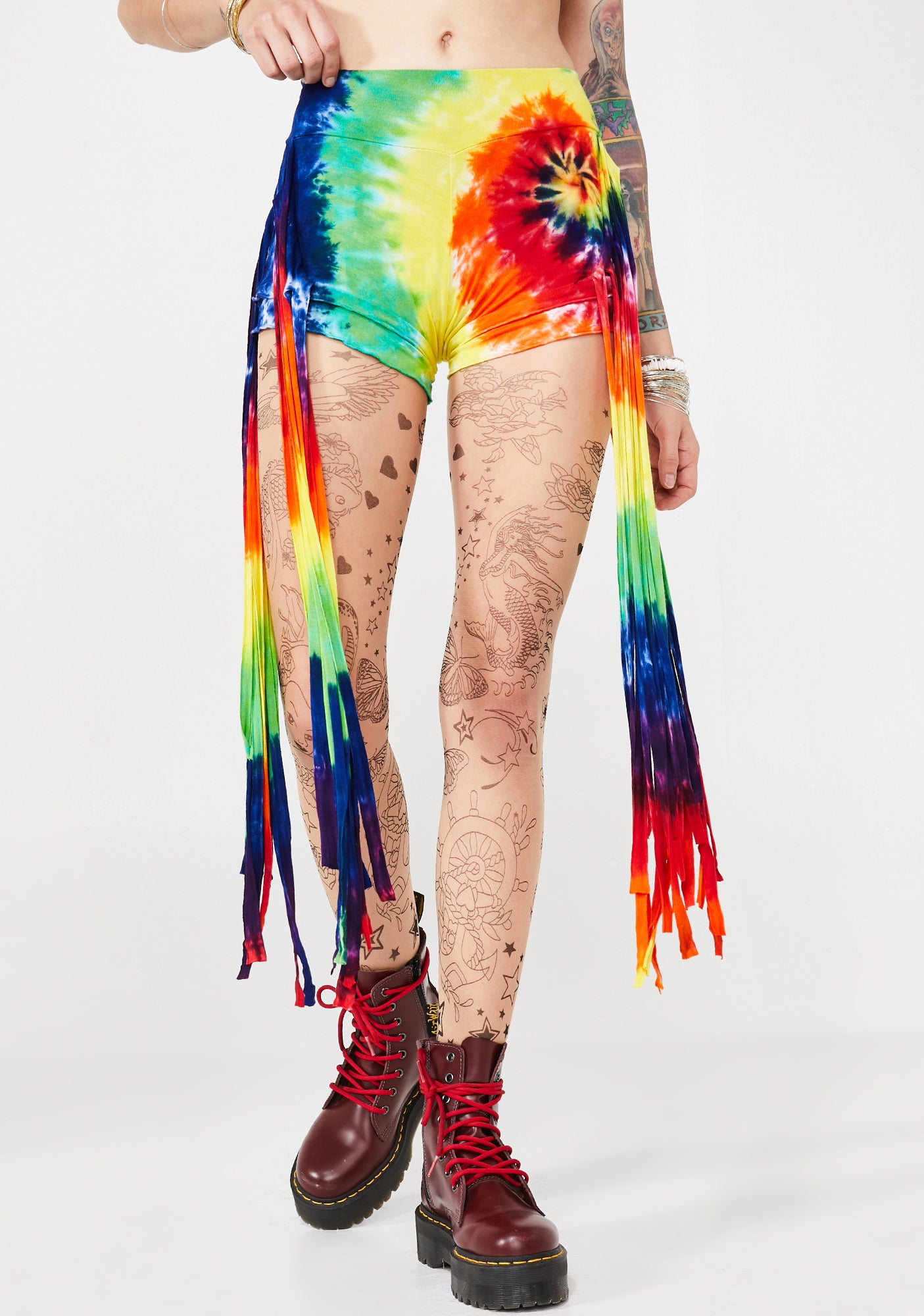 Womens Tie Dye Festy Fringe Shorts - HalfMoonMusic