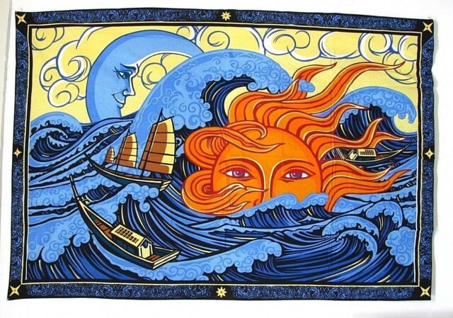 Sun Moon Waves Celestial Ocean 3D Tapestry - HalfMoonMusic