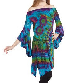 Tie Dye Off The Shoulder Bell Sleeve Dress - HalfMoonMusic