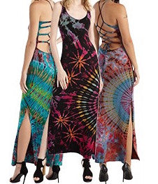 Womens Tie Dye Spandex Cross Back Maxi Dress - HalfMoonMusic
