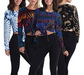 Women's Spandex Tie-Dye Front-Tie Long Sleeve Crop Top - HalfMoonMusic