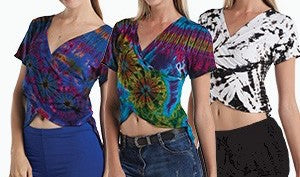 Womens Tie Dye Rayon Short Sleeve Crossover Crop Top - HalfMoonMusic